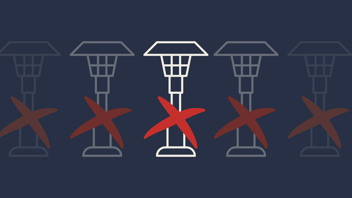 A drawn sketch in white with a dark blue background of three patio heaters with red x's marked through them