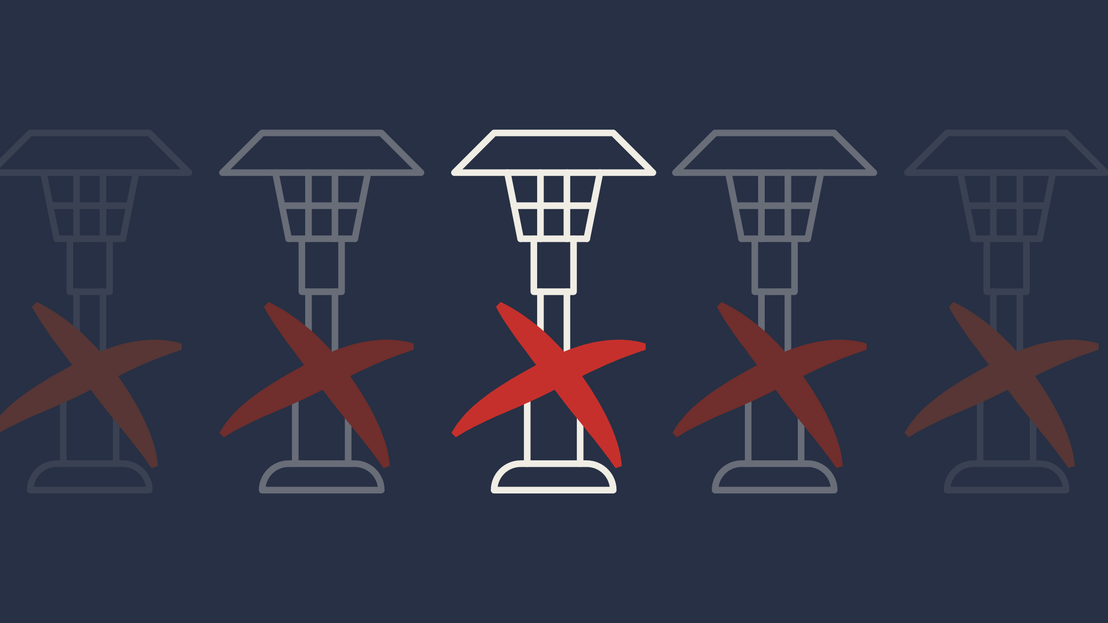 A drawn sketch in white with a dark blue background of three patio heaters with red x's marked through them